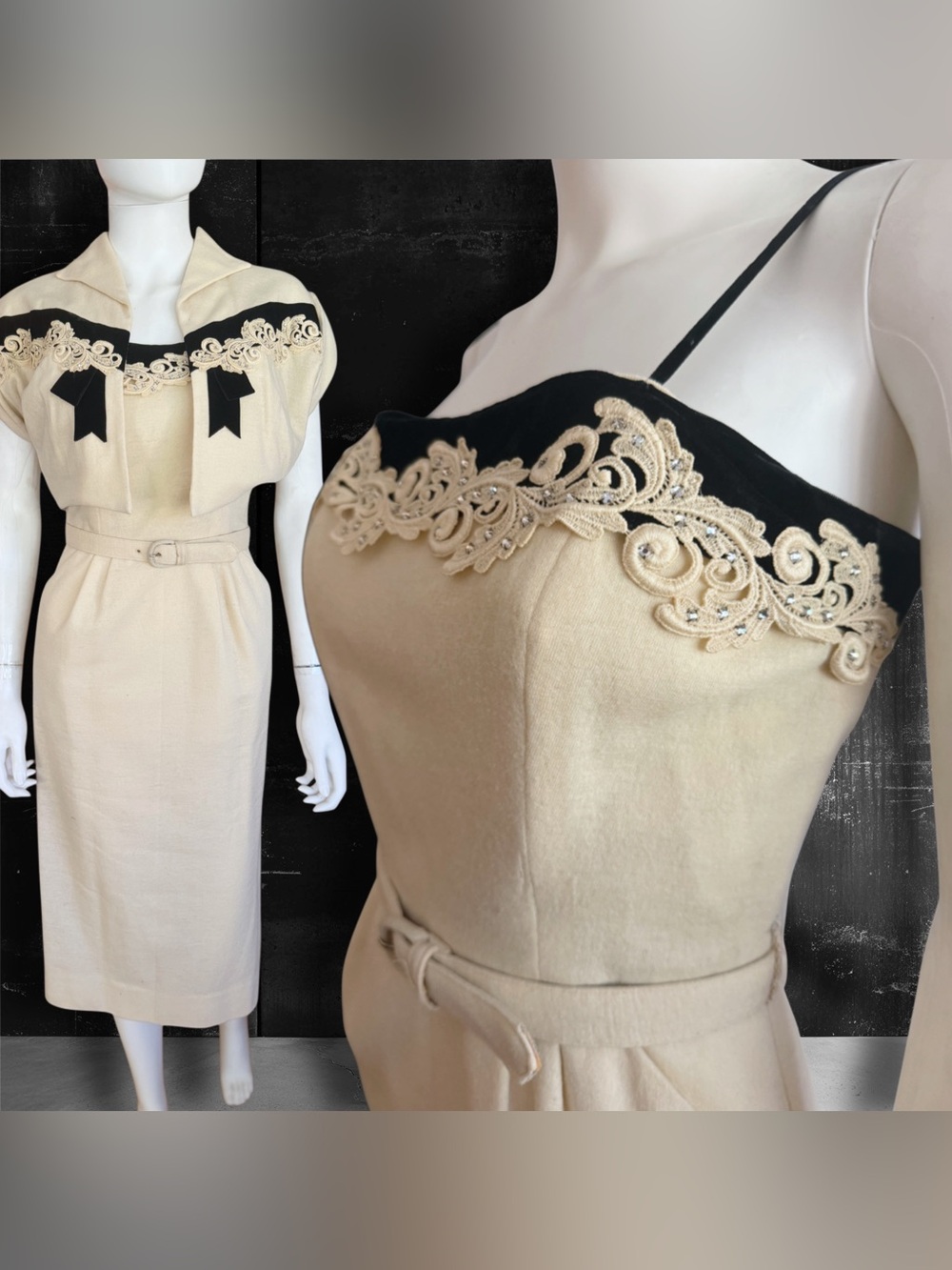 Bombshell Midcentury Cream Wool and Black Velvet Wiggle Dress and Cropped Jacket